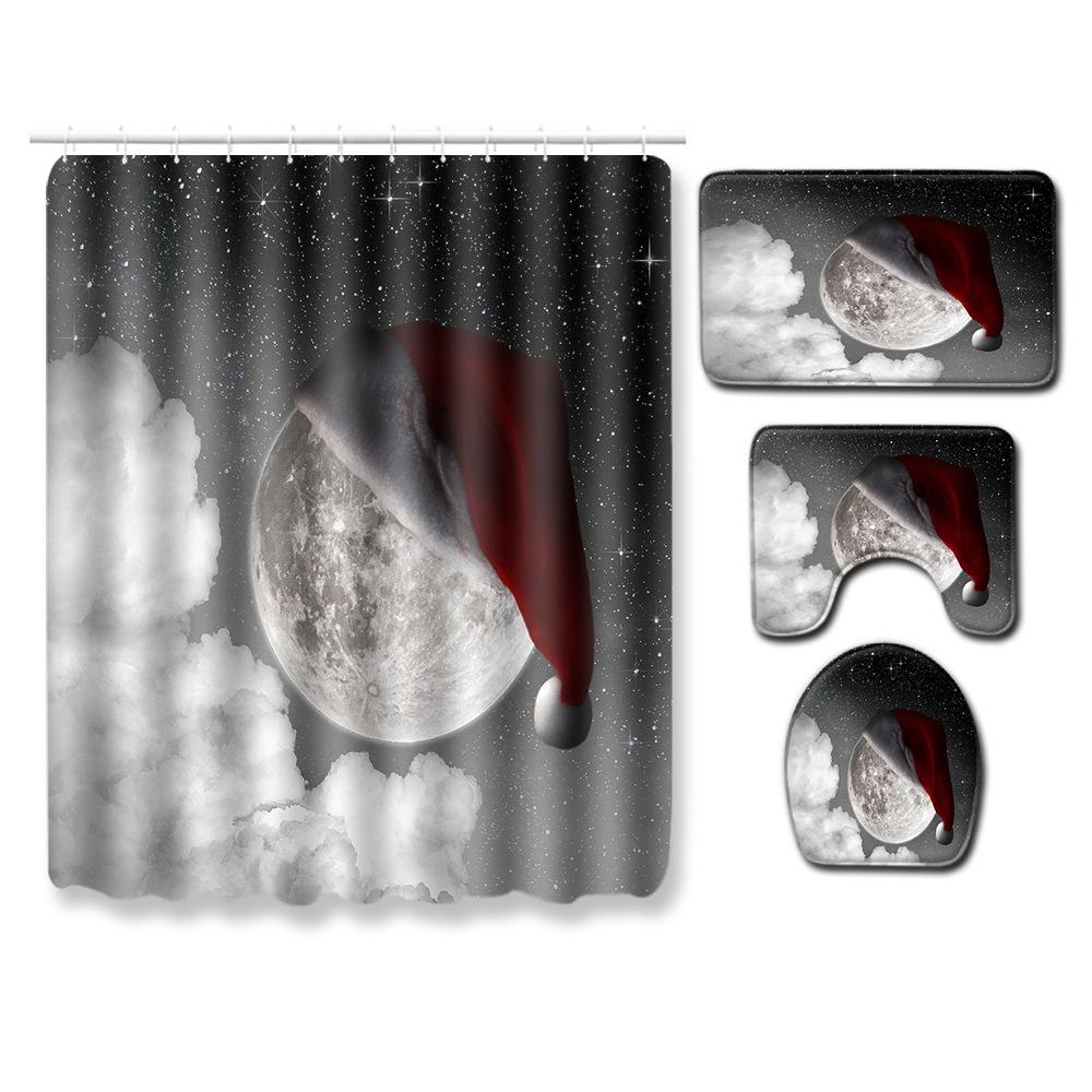 Christmas Shower Curtain Floor Mat Combination Four-Piece Set Bathroom Toilet Carpet Shower Room Mat Foot Mat