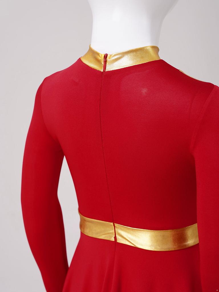 Платье для церковного выступления для девочек, металлическая лоскутная работа, воротник-стойка, длинный рукав, асимметричный подол, контрастный цвет, одежда для богослужения