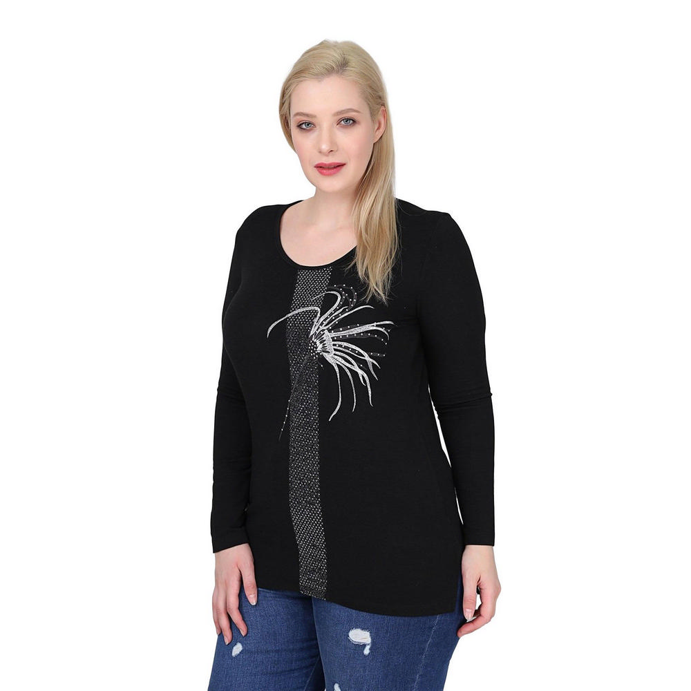 Fierte Женская блузка большого размера Rg6800 Круглый воротник с каменными деталями и длинными рукавами Тонкий трикотаж Черный
