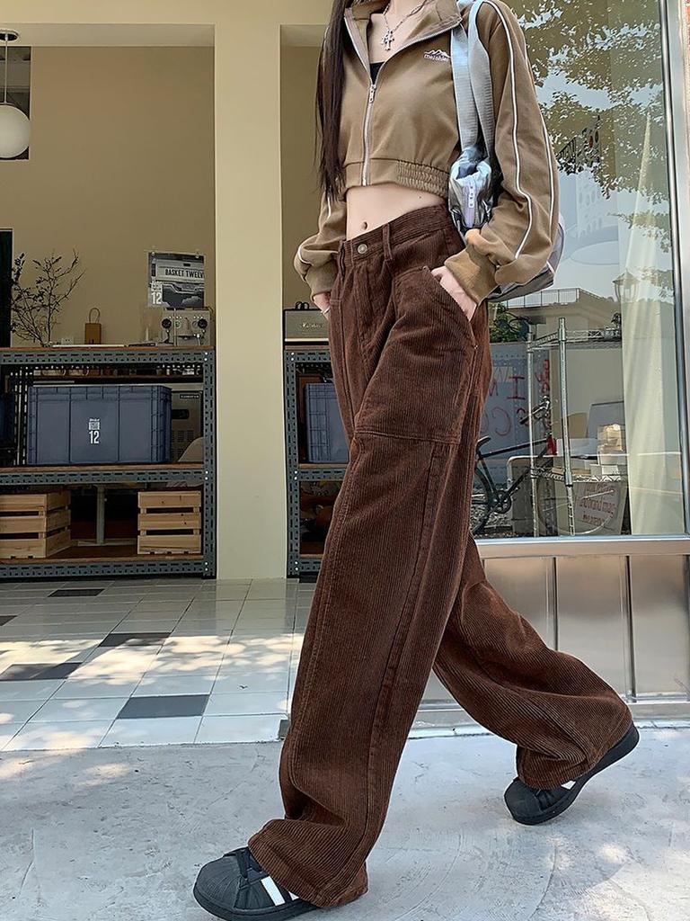 Вельветовые брюки в стиле ретро, ​​коричневые, осенне-зимние, широкие брюки-«ножи» для женщин, высокие, с высокой талией, длинные леггинсы.