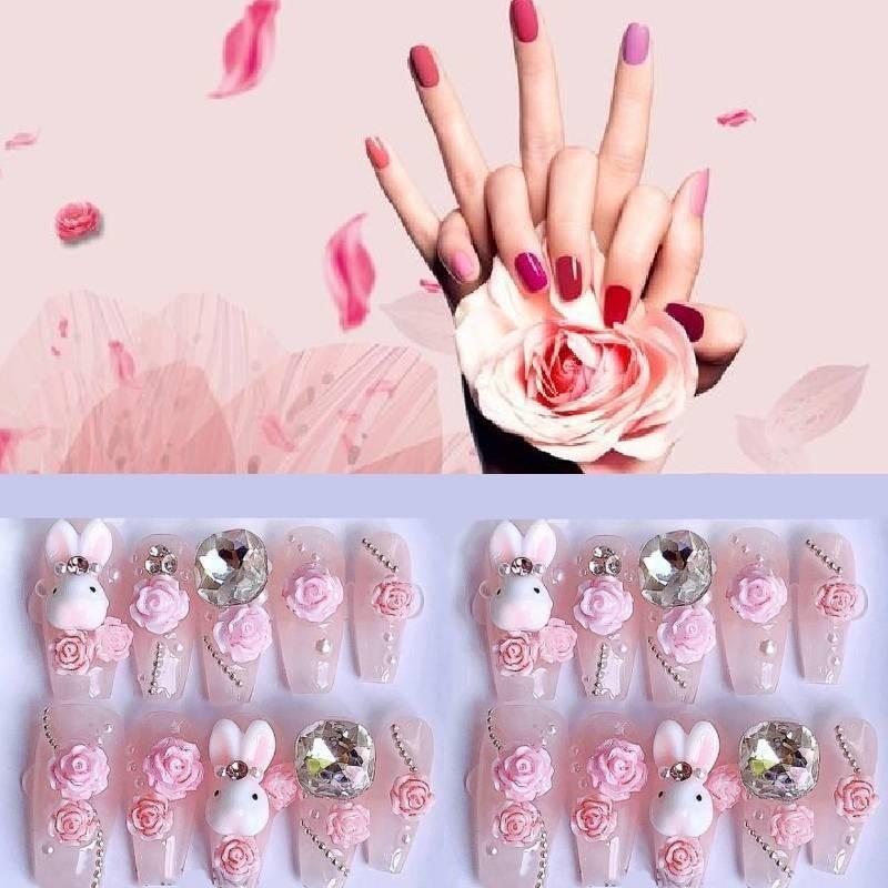 Handmade Cute Cartoon Bunny Pink Camellia Nail Art Creative Pet For Women Xs S M L Cream Hug Bunny Medium Wearable Style