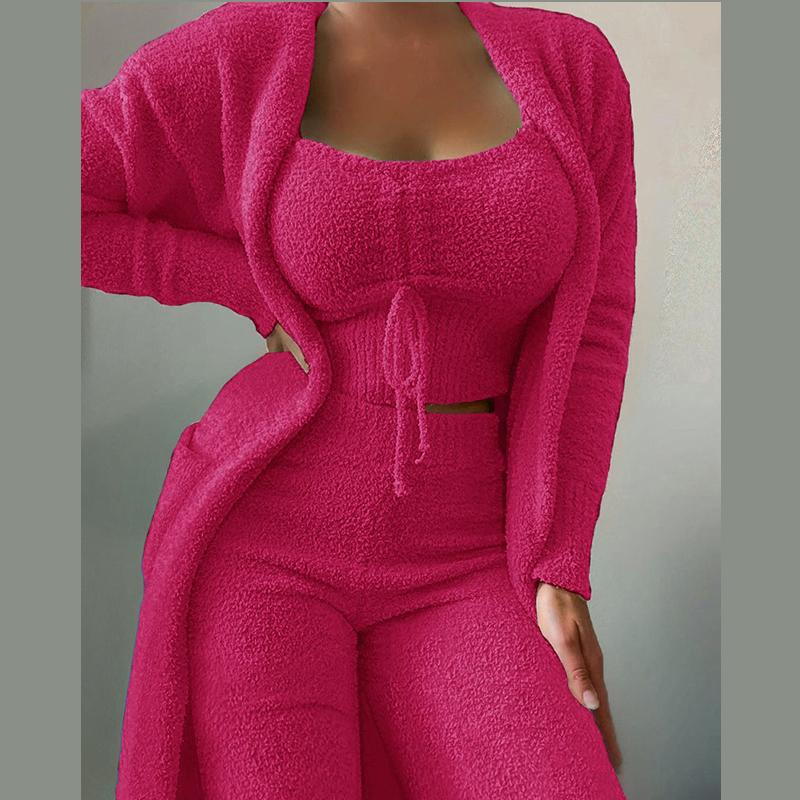 Женский флисовый комплект из 3 предметов, укороченная майка на тонких бретельках, широкие длинные брюки, пушистое кимоно, уютный пижамный комплект, женский брючный костюм