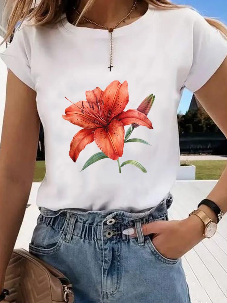 (Asian Size) Short Sleeve T-shirts Clothing Fashion Print T Female Travel Flower Casual Women's Top Graphic Tee