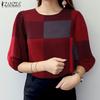 Women Casual Round Neck 3/4 Sleeve Loose Grid Print Blouse