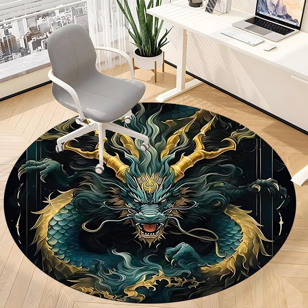 1PC Dragon Fantasy Office Round Area Rug, Mat Suitable For Office, Under Office Chairs Bedroom Living Room Home Decor, Room Deco