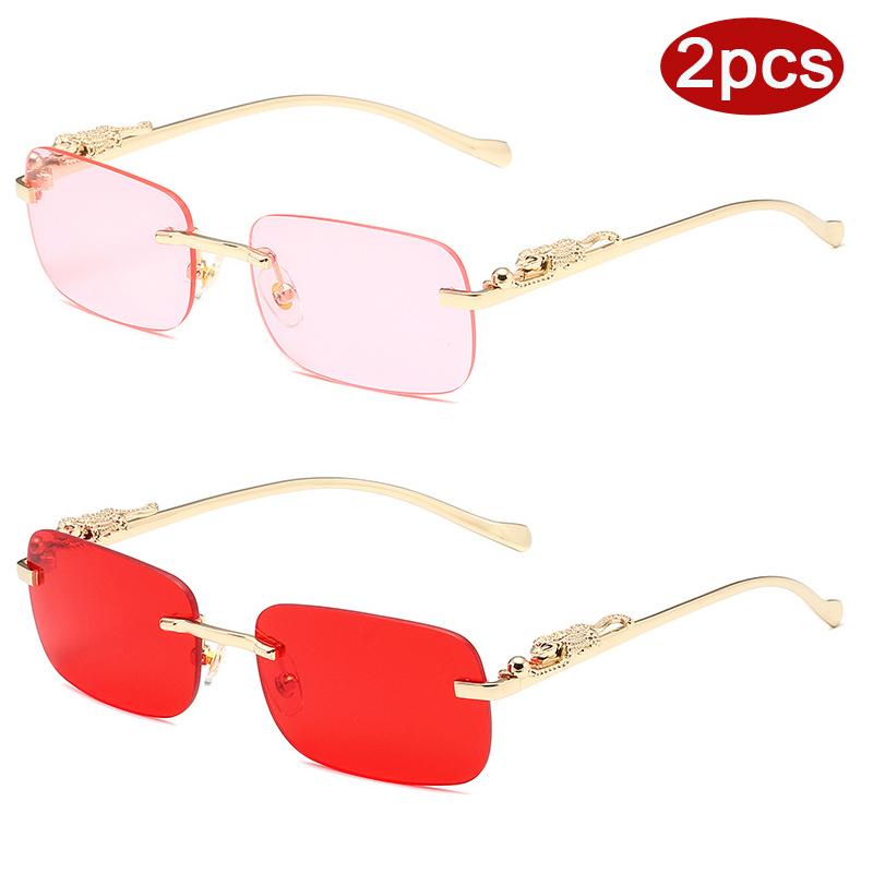 2Pcs Fashion Rimless Metal Square Sunglasses Women Leopard Decoration Sun Glasses Outdoor Colorful Lens Shades Female Uv400