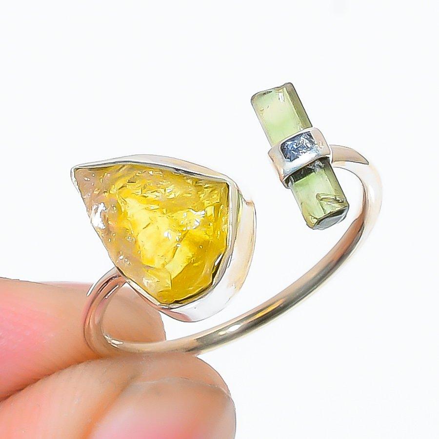 Raw Yellow Green Tourmaline Gemstone 925 Sterling Silver Pencil Ring Size 6 US