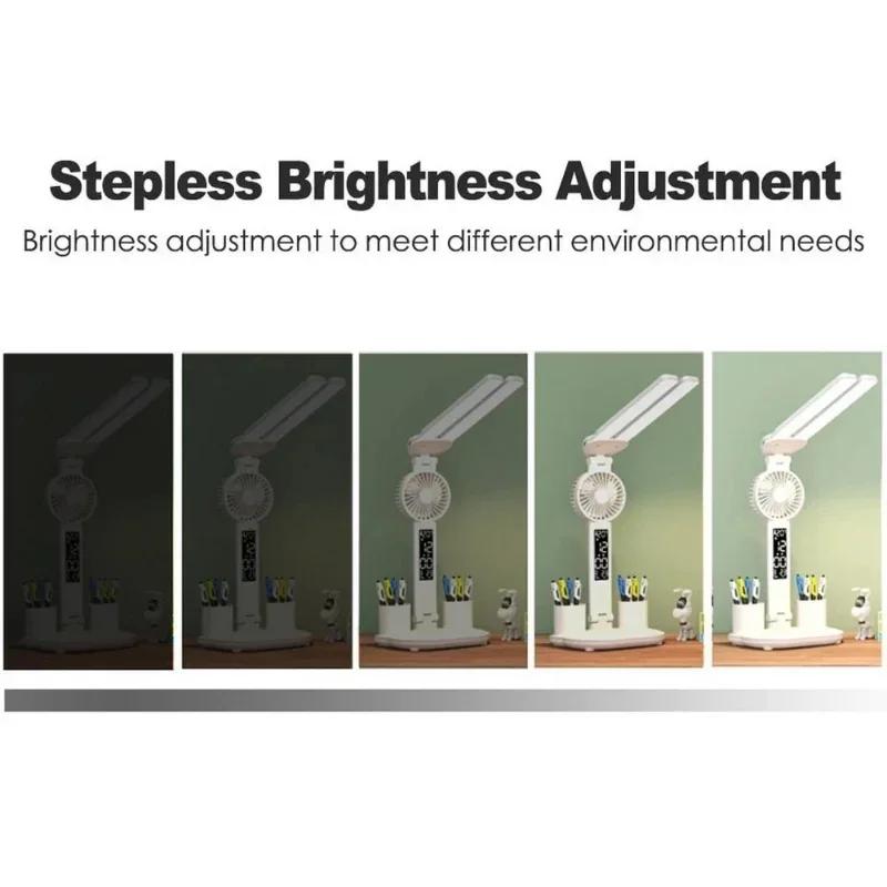 Светодиодные настольные лампы с вентилятором и часами, USB-зарядка, регулируемая яркость, 2 вращающиеся головки, складные, защита глаз, настольные ночные светильники для чтения