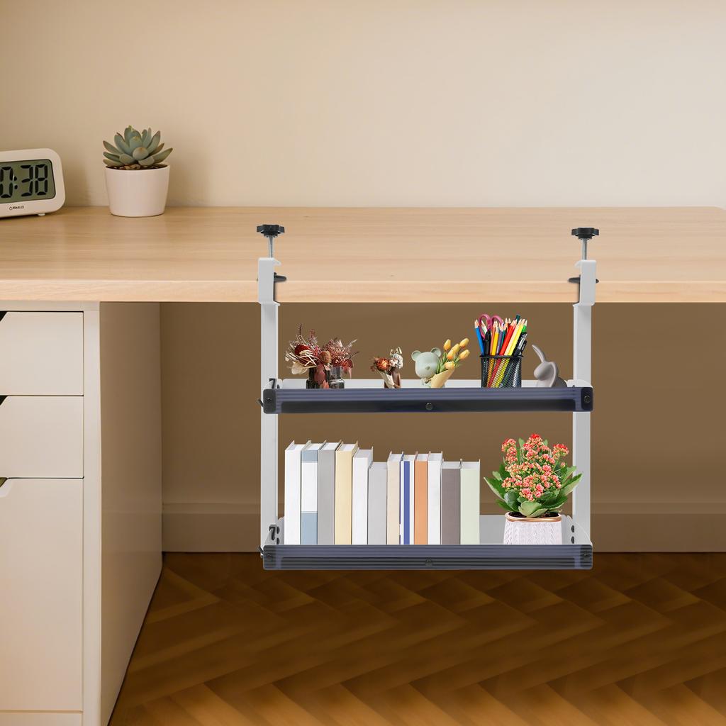 Clamp-On Desk Shelf – 2-Tier Under/Over Desk Storage Organizer with Guardrail – White