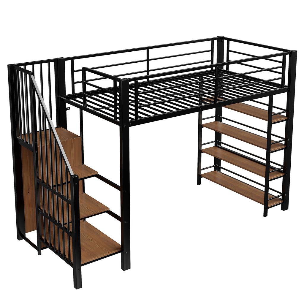 Loft Bed 90*200, with Safety Staircase, Storage Space and Small Wardrobe, Shelves, High Fence Design, Youth Bed, Black (Old SKU for LDB00162AAB)