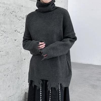 Осень-зима Винтажный потертый свитер с высоким воротом и рваными необработанными краями Ленивые нерегулярные однотонные свободные вязаные свитера