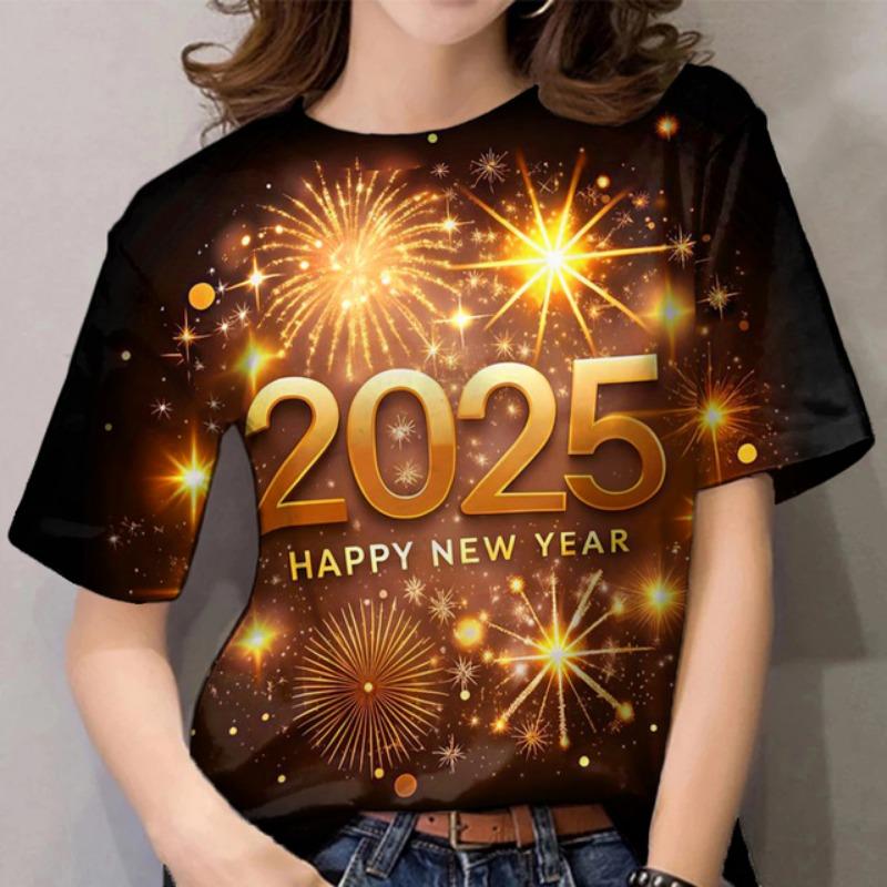2025 Новый год женская футболка мода круглый вырез короткий рукав одежда для женщин летние красочные повседневные топы повседневный пуловер