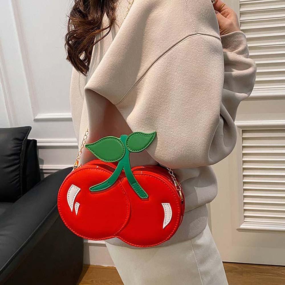 Kawaii Red Fruit Crossbody Bag Large Capacity PU Shoulder Pouch Chain Cherry Shape Bag Vacation