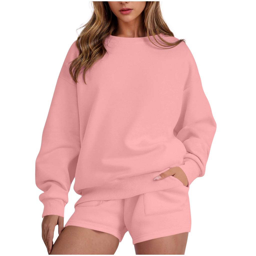 Women's Fashion Sportswear Casual Long-Sleeved Pullover Sweatshirt Drawstring Shorts Set