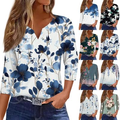 Жен. Футболка Футболка С принтом Пуговицы Рукав 3/4 Повседневные Выходные Мода Классический V-образный вырез Обычный Топ