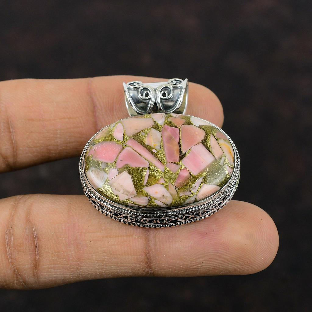 Кулон из медного розового опала. Изысканные ювелирные изделия из драгоценных камней. Подвеска из стерлингового серебра 925 пробы. Винтажные ювелирные изделия ручной работы. Элегантный кулон в стиле хиппи. Подарок для женщин.