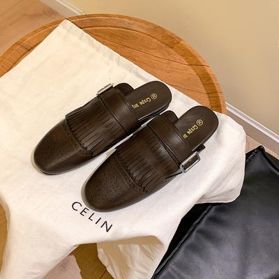 Виноградная мать в том же стиле, телячья кожа универсальная ретро Брок гравированная кисточка пряжка с Мюллер плоская подошва полу-шлепанцы женские летние