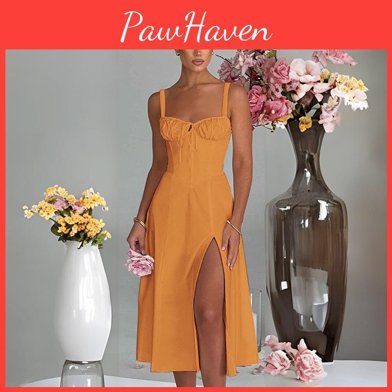Women Backless Design Spaghetti Sense Strap Solid Color Kneelength Dress Vneck High Waist