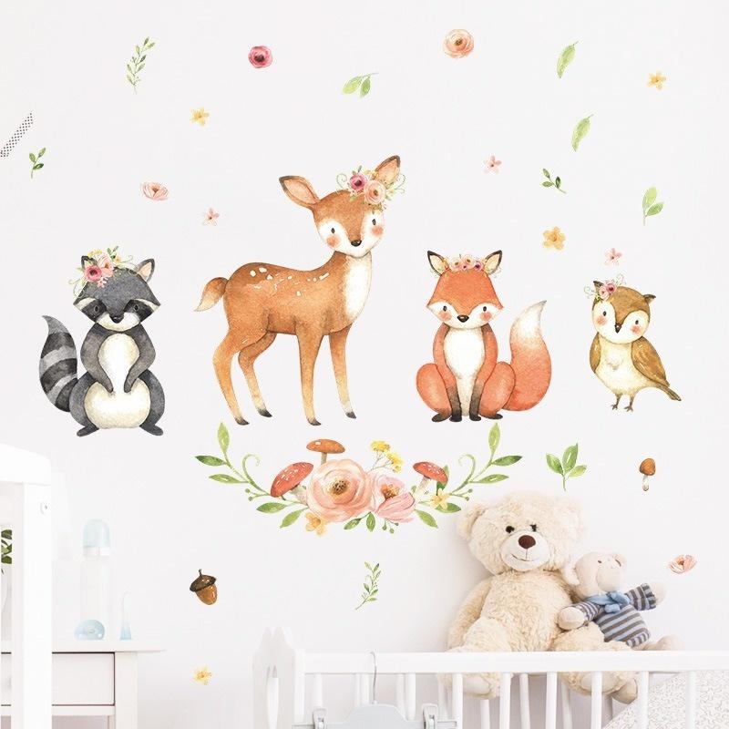 Cartoon Animals Wall Stickers Children Rooms Fawn Fox Kids Wall Stickers Decals Wallpaper for Kids Room Baby Room Decoration