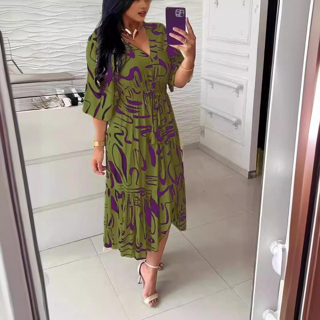 Платье миди в стиле бохо с принтом для женщин, V-образным вырезом, короткими рукавами, высокой резинкой на талии, А-силуэтное платье, женское модное повседневное платье-халат, Vestido