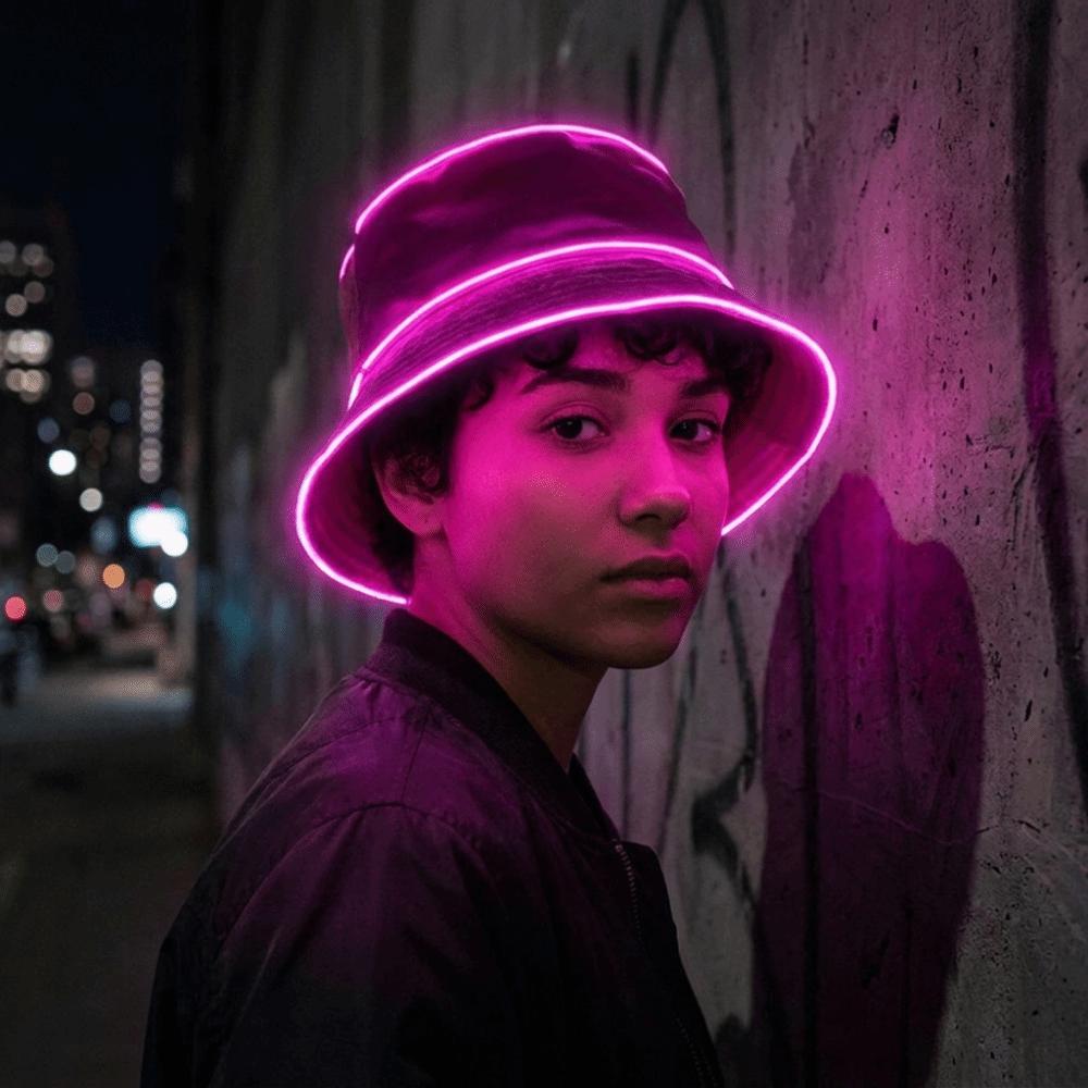 Colorful LED Bucket Hat Battery Powered Flashing Glow Hat Simple Luminous Hat Women