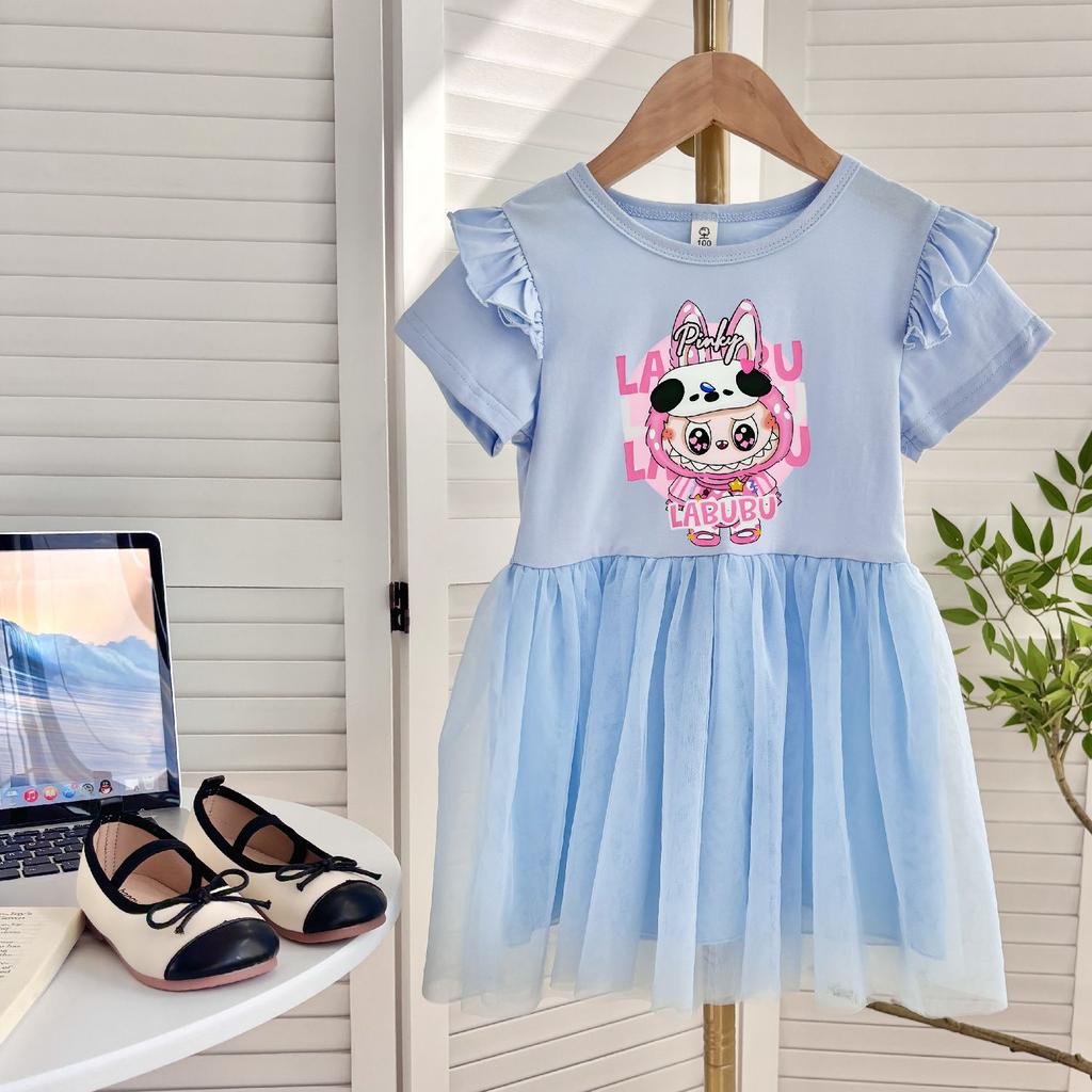 Принцесса Тюлевое Платье для Девочек, Детские Летящие Рукава, Короткие Рукава, Цельное Платье на Лето