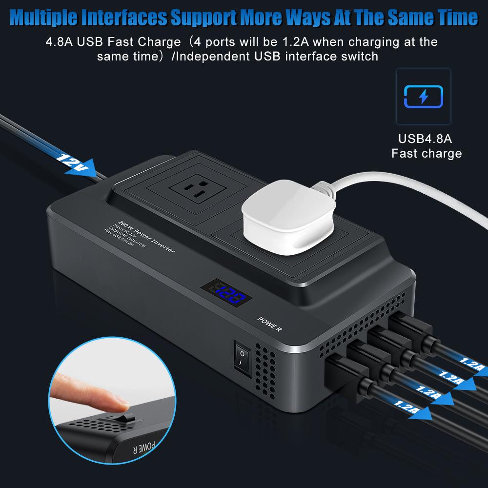 200W 12V Car Power Inverter with 2 Sockets & 4 USB Ports for Mobile Charging