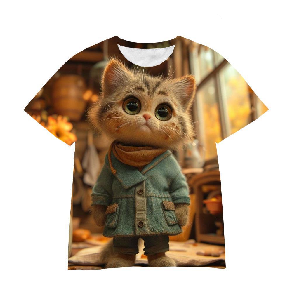Summer Round Neck 3D Cartoon Furry Animal Print Top Fashionable Casual Short Sleeved Children's Boy and Girl Universal T-shirts
