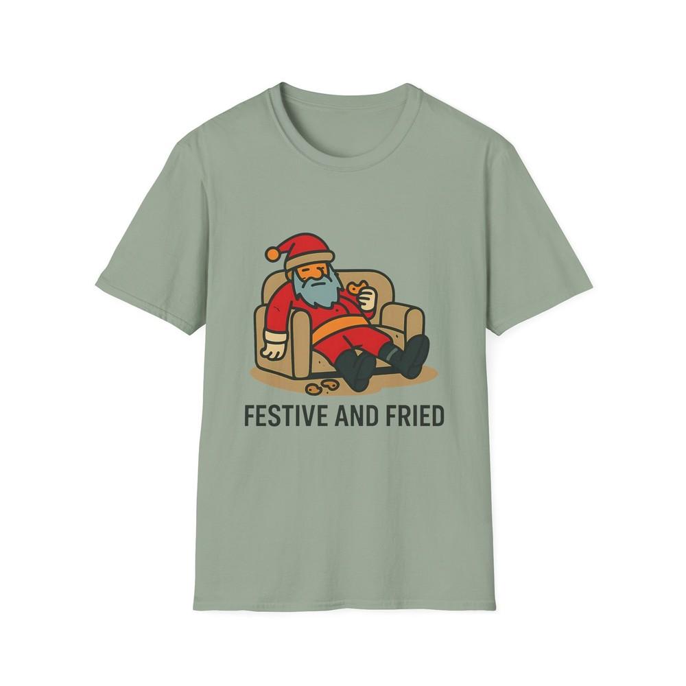 Unisex Softstyle T-Shirt Slumped Santa Couch Cookie Chaos Funny Christmas Mood