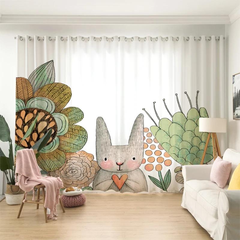 High Shading Curtains Cartoon Adorable Plum Deer Rabbit Children Room Bedroom Space Full-height Window Opening Blackout Drape Modern Style2