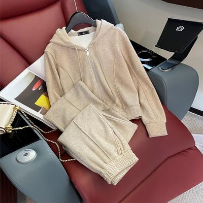 Розовый спортивный костюм, полный комплект для женщин, для ношения весной и осенью, велюровый, толстовка с утолщенным теплым дизайном, повседневный комплект из двух предметов