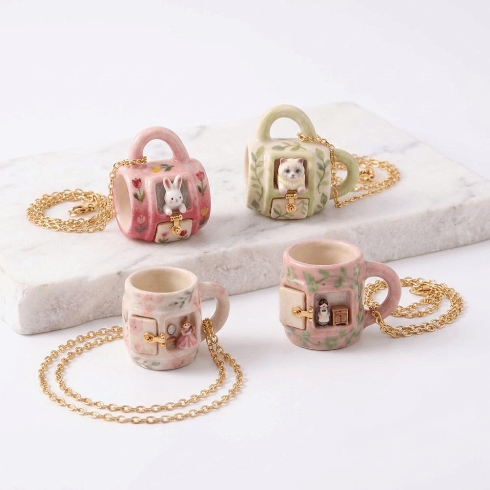 Lightweight Ceramic Necklace Gold Tone Cartoon Jewelry Chic Miniature Mug Pendant Necklace Casual