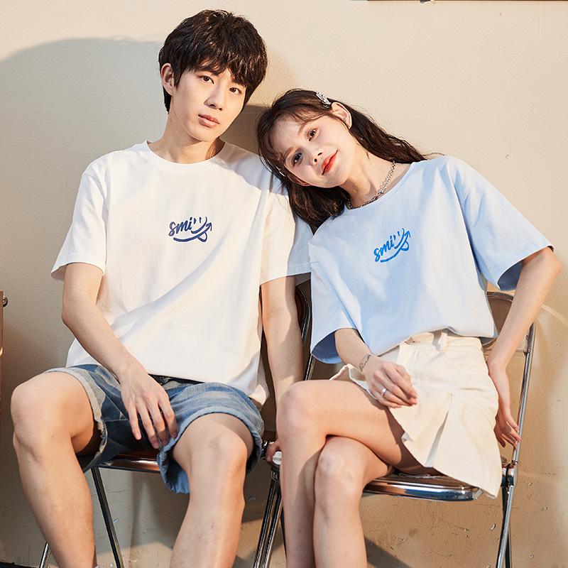 Летняя футболка для пары, новая летняя универсальная универсальная верхняя одежда из чистого хлопка с круглым вырезом в студенческом стиле с короткими рукавами