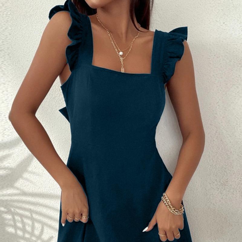 JKASHDK Женская мода весна лето однотонный принт без рукавов с квадратным воротником со средней талией повседневные платья