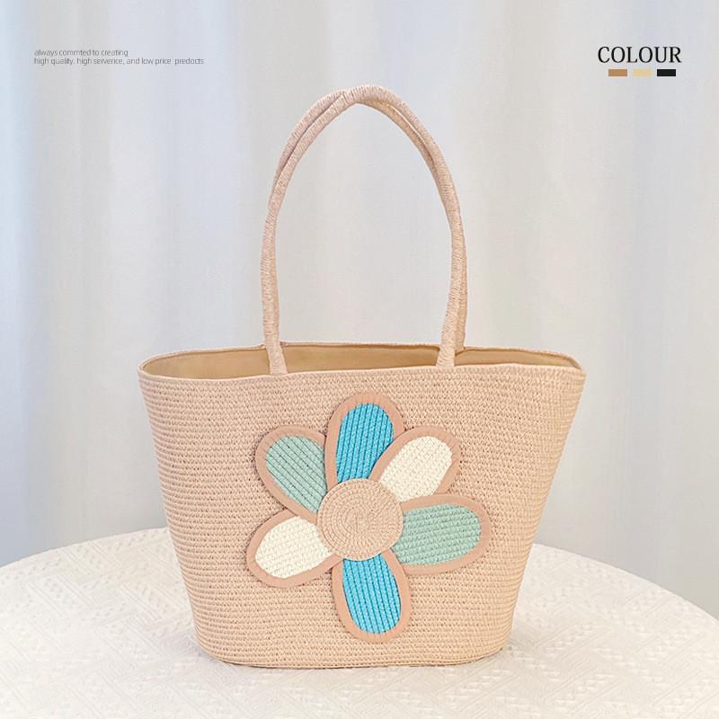 Simple Flower Color Blocked Pattern Women Casual Large Capacity Woven Tote Bag For Daily Fashion And Outdoor Activities