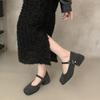French Velvet Thick Heel Single Shoes Women's Autumn and Winter New One-word Buckle with Retro Square Head Light Mouth Mary Jane Shoes