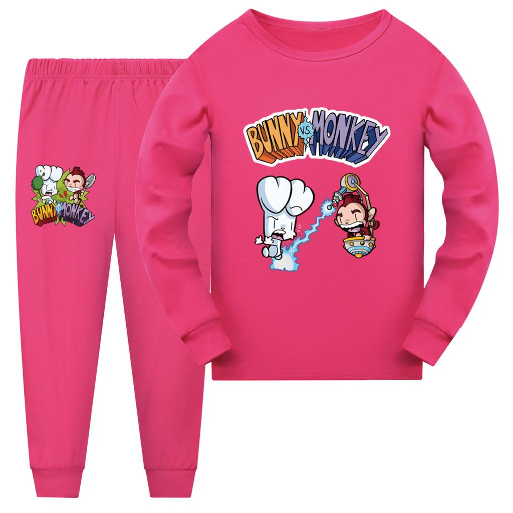 4187 Children Boys Girls Bunny Monkey Print Long Sleeves Top Pants Pajamas Sleepwear Sleeping Sets