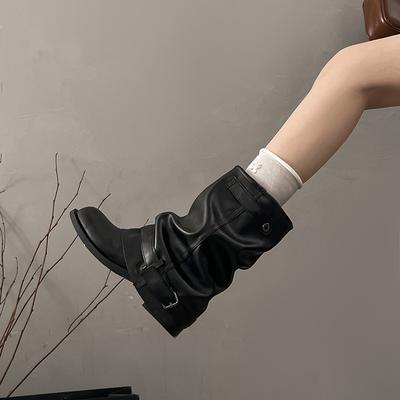 2025 осень и зима новые кожаные ботинки женские короткие ботинки круглый носок толстый каблук низкий каблук плиссированные ботинки-чулки ковбойские ботинки в западном стиле