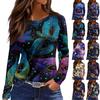 Women's Fashionable Casual  Neck Long Sleeve Hem Split Carnival Print T-Shirt Top
