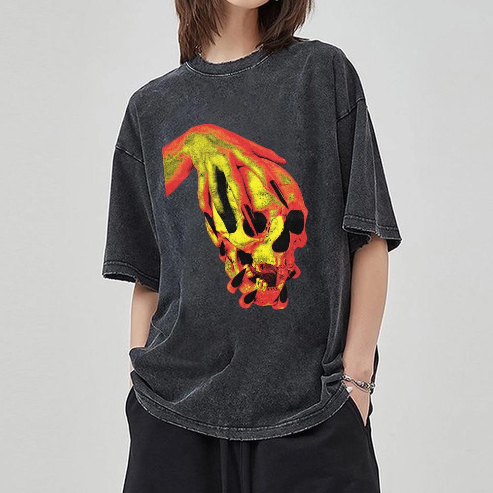 Уличный стиль футболка женская из вываренного денима с принтом черепа новая свободная с круглым вырезом и коротким рукавом студенческая вечеринка винтажный топ
