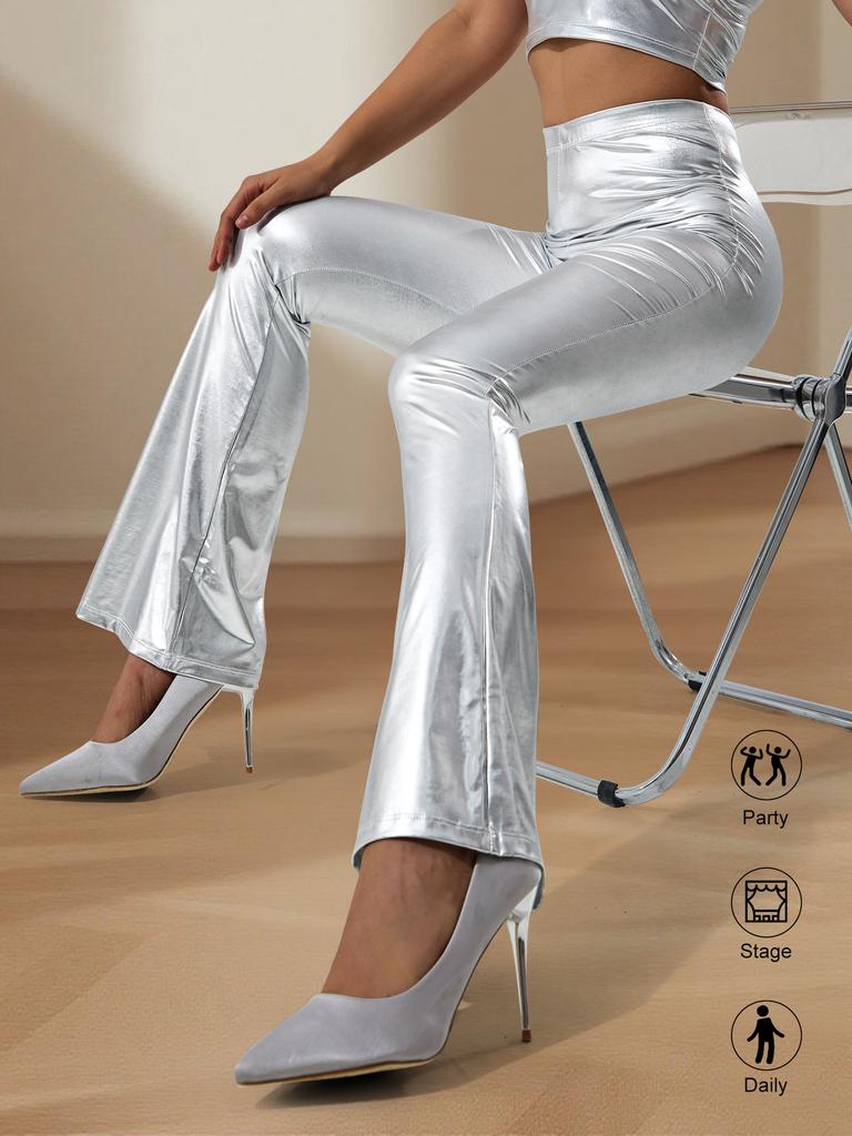 Женские укороченные брюки с золотым тиснением, трендовые повседневные серебристые расклешенные длинные брюки