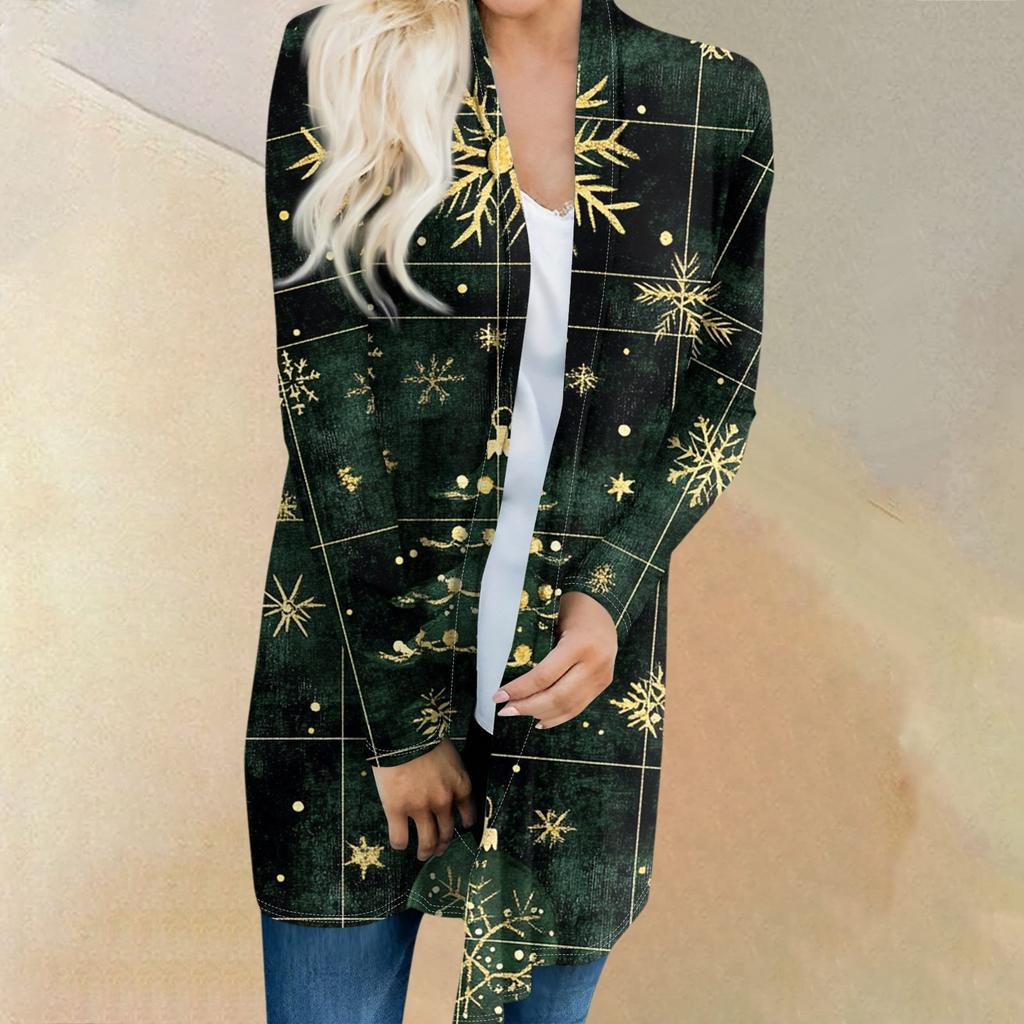 Женский модный и повседневный рождественский принтованный кардиган средней длины с длинными рукавами