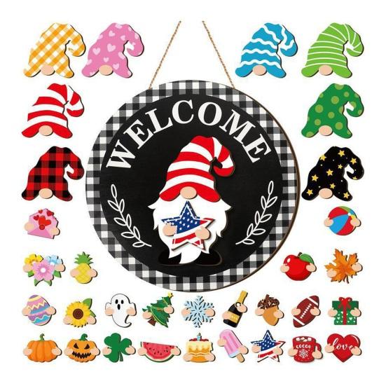 1 Set Interchangeable Wooden Welcome Sign with Seasonal Hat Accessories Gnome Highland Cow Hanging Front Door Sign Home Office Holiday Decoration