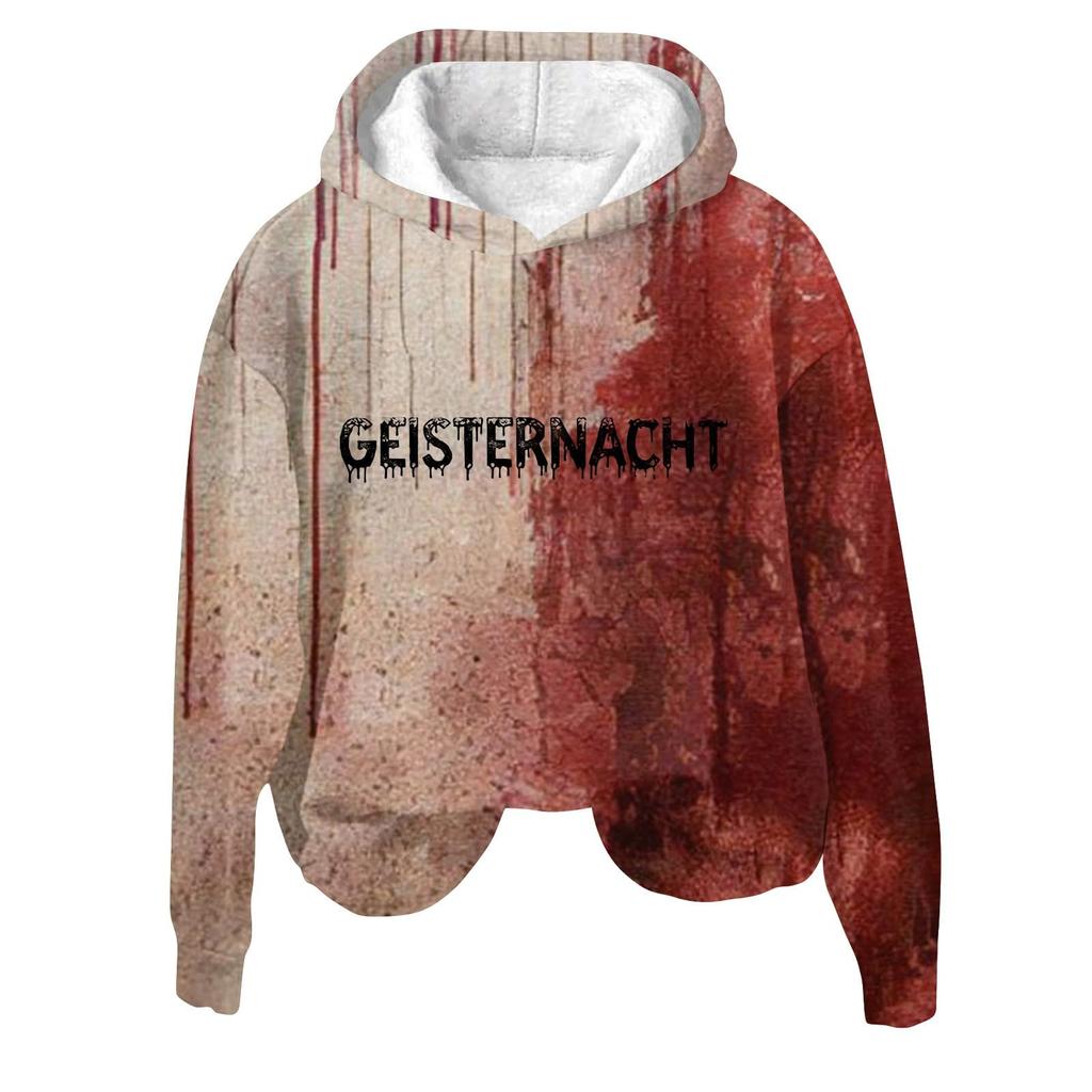 Women's 3D Bloody Letters Printed Long Sleeved Loose Hooded Sweatshirt New Halloween Ladies Casual Long Sleeved Pullover