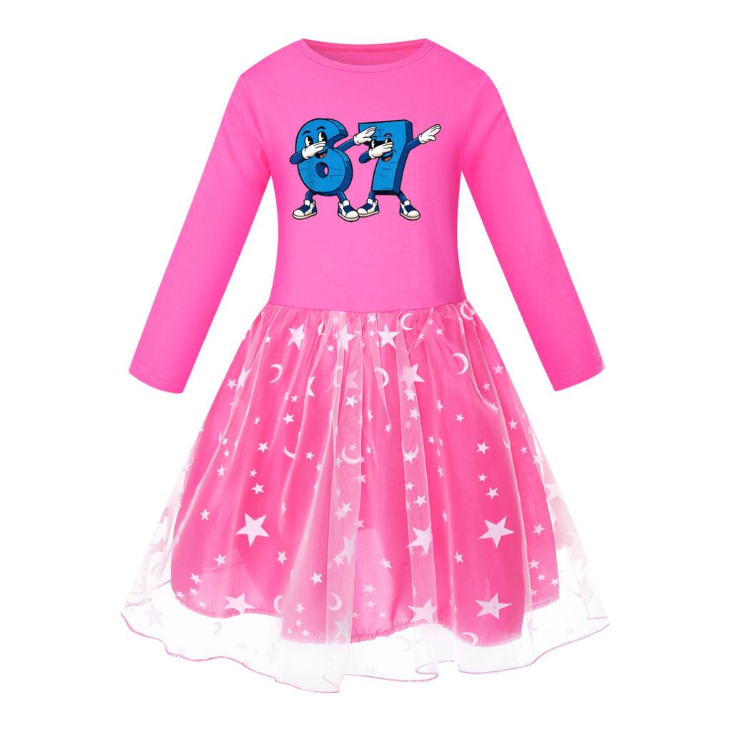 5226 Детское платье для девочек Steal a Brainrot 67 Six Seven с принтом, сетчатой тканью, радужным круглым вырезом, повседневное, из хлопка