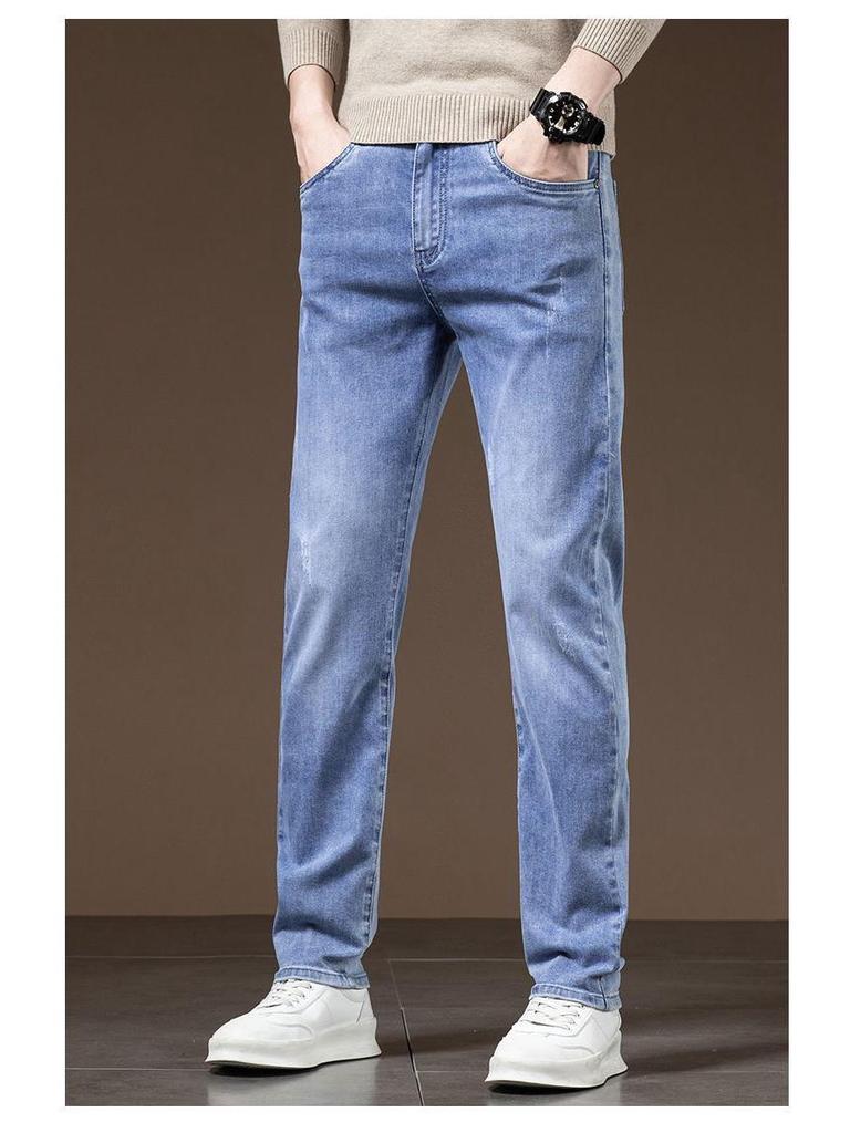 Men's Slim Fit Straight Leg Jeans - Whiskered Washed Long Pants for Autumn/Winter 2025