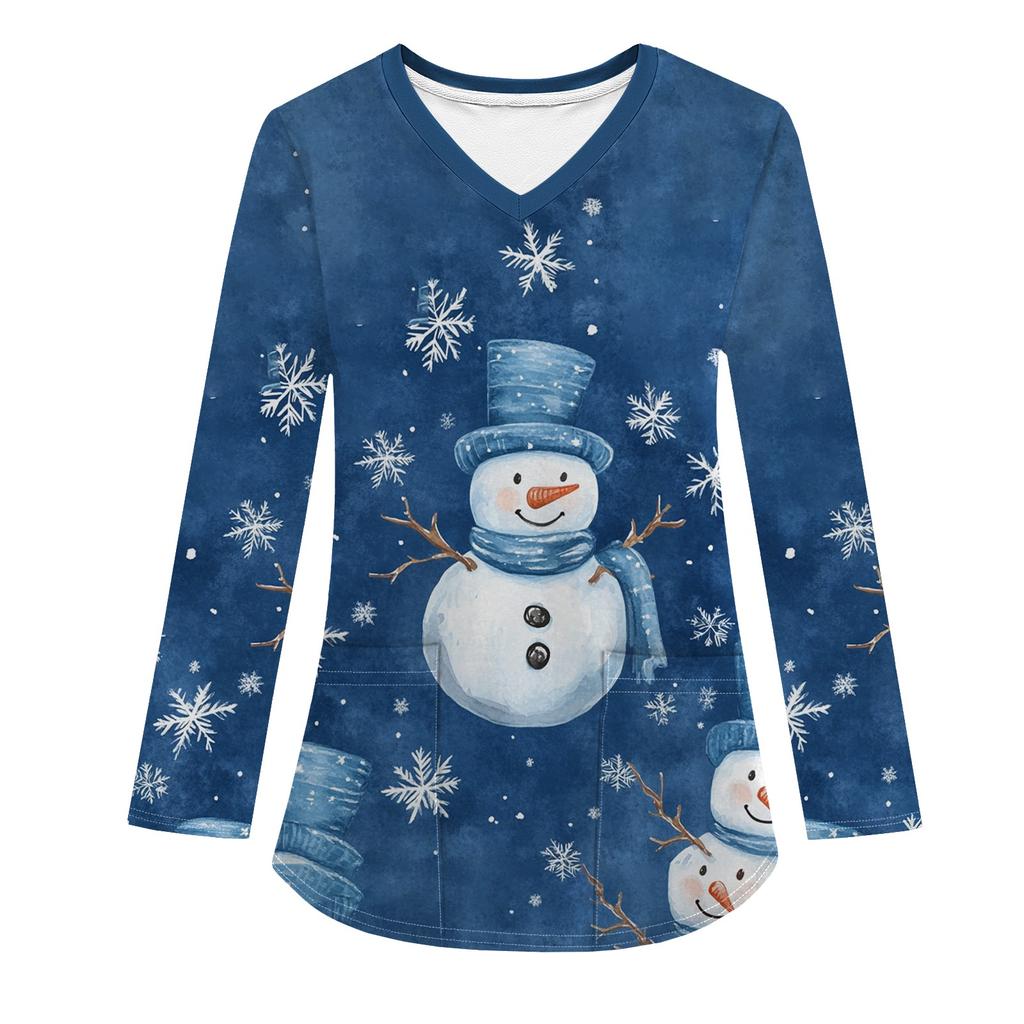 Женская модная рабочая одежда с V-образным вырезом, длинным рукавом и карманом, рождественский принт, футболка, топ