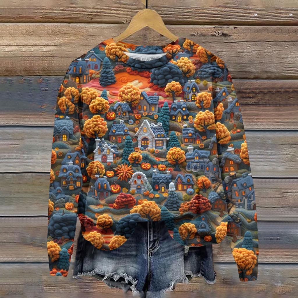 Женский осенне-зимний топ с круглым вырезом и длинными рукавами, милый свитер-пуловер с принтом 3D на тему Хэллоуина