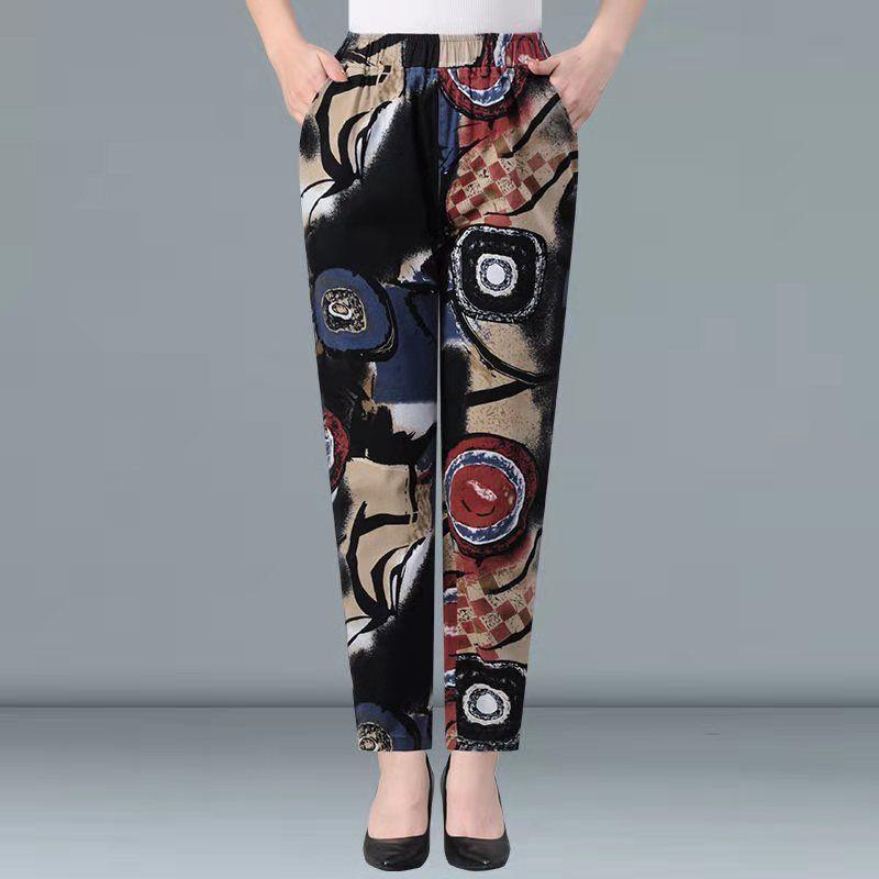 Свободные женские брюки с цветочным принтом и высокой талией, летние повседневные брюки Haren для людей среднего и пожилого возраста, женские брюки