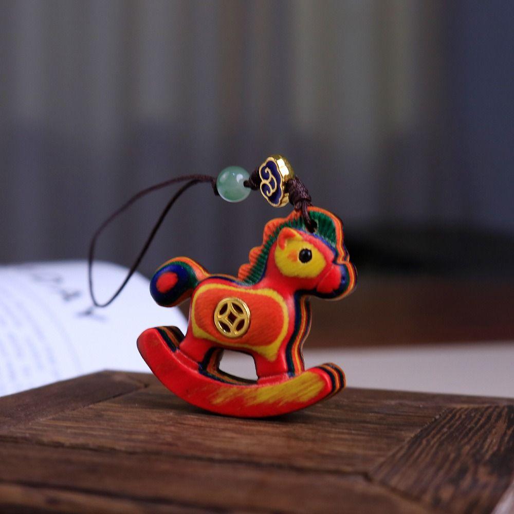 Traditional Horse Keychain Wooden Zodiac Key Ring Chinese Style Mobile Phone Chain New Year Gift